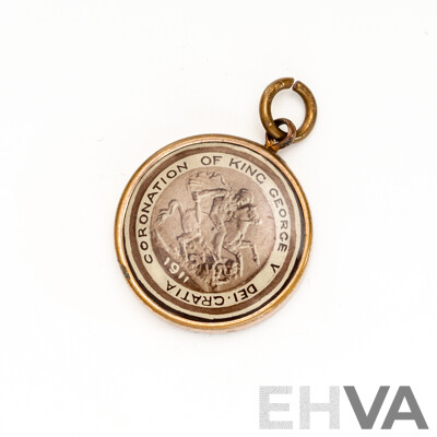1911 Coronation of King George V Dei Cratia Rolled Gold Pendant with Portrait on Reverse Side, 20mm, Rare