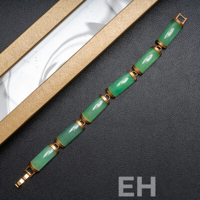 Vintage Jade Gold Tone Curved Linked Bracelet, 19cm, in Presentation Box