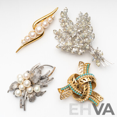 Collection of (4) Vintage Brooches with Cultured Pearls and Paste Stones