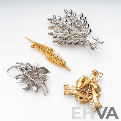 Collection of (4) Vintage Brooches with Cultured Pearls and Paste Stones