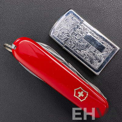 Victorinox Explorer Medium Pocket Knife with Magnifying Glass, in Original Presentation Box & Nobilis Silver Tone Gas Lighter