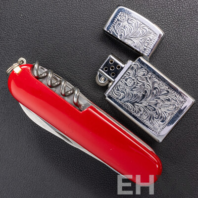 Victorinox Explorer Medium Pocket Knife with Magnifying Glass, in Original Presentation Box & Nobilis Silver Tone Gas Lighter