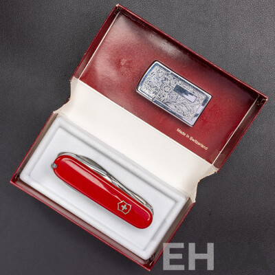 Victorinox Explorer Medium Pocket Knife with Magnifying Glass, in Original Presentation Box & Nobilis Silver Tone Gas Lighter