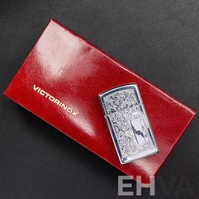 Victorinox Explorer Medium Pocket Knife with Magnifying Glass, in Original Presentation Box & Nobilis Silver Tone Gas Lighter