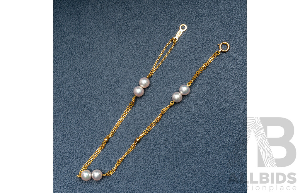 18ct Vintage Mikimoto Double Pearl Belcher Link Bracelet, 18.5cm, 2.68 Grams