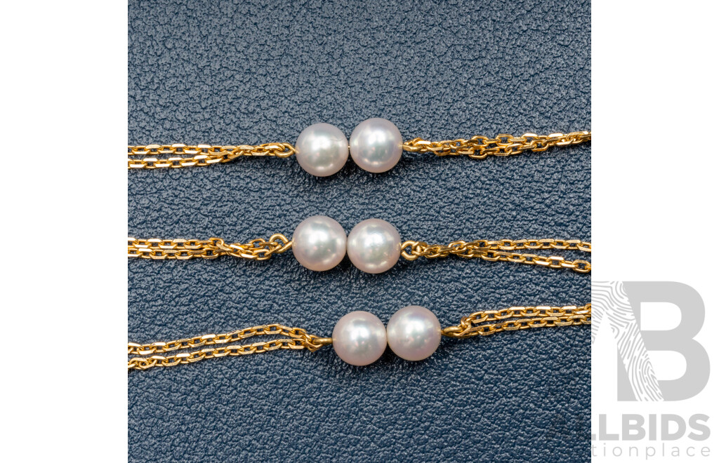 18ct Vintage Mikimoto Double Pearl Belcher Link Bracelet, 18.5cm, 2.68 Grams