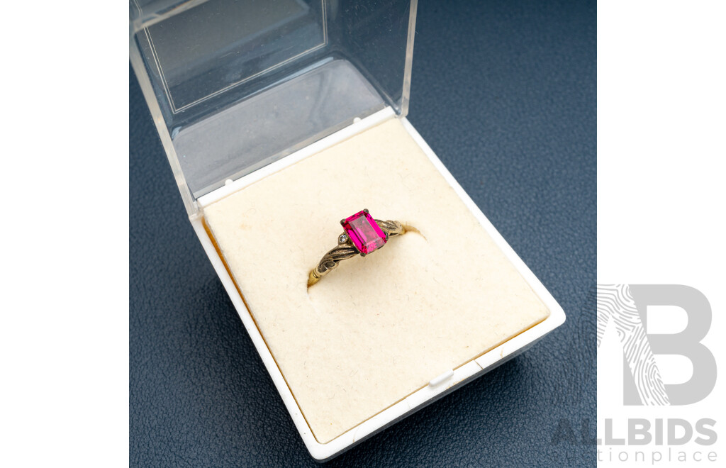 9ct Vintage Rubelite and Old Cut Diamond Ring, Size P, 2.20 Grams