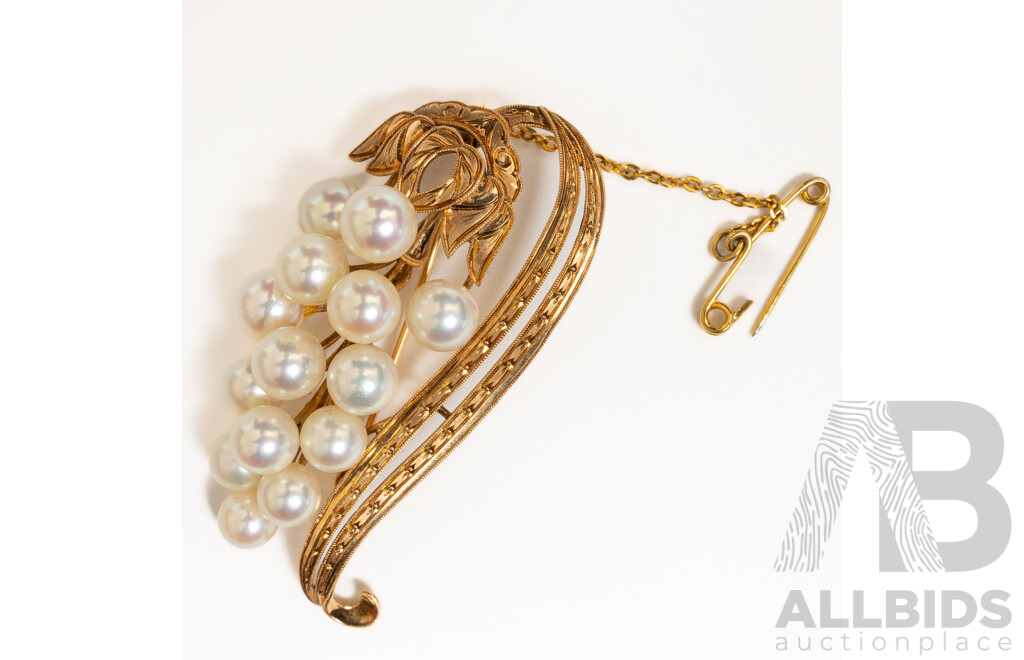 14ct Stunning Vintage Akoya Pearl Brooch, 53mm, 11.64 Grams