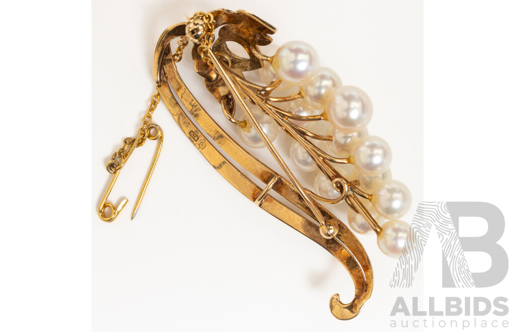 14ct Stunning Vintage Akoya Pearl Brooch, 53mm, 11.64 Grams