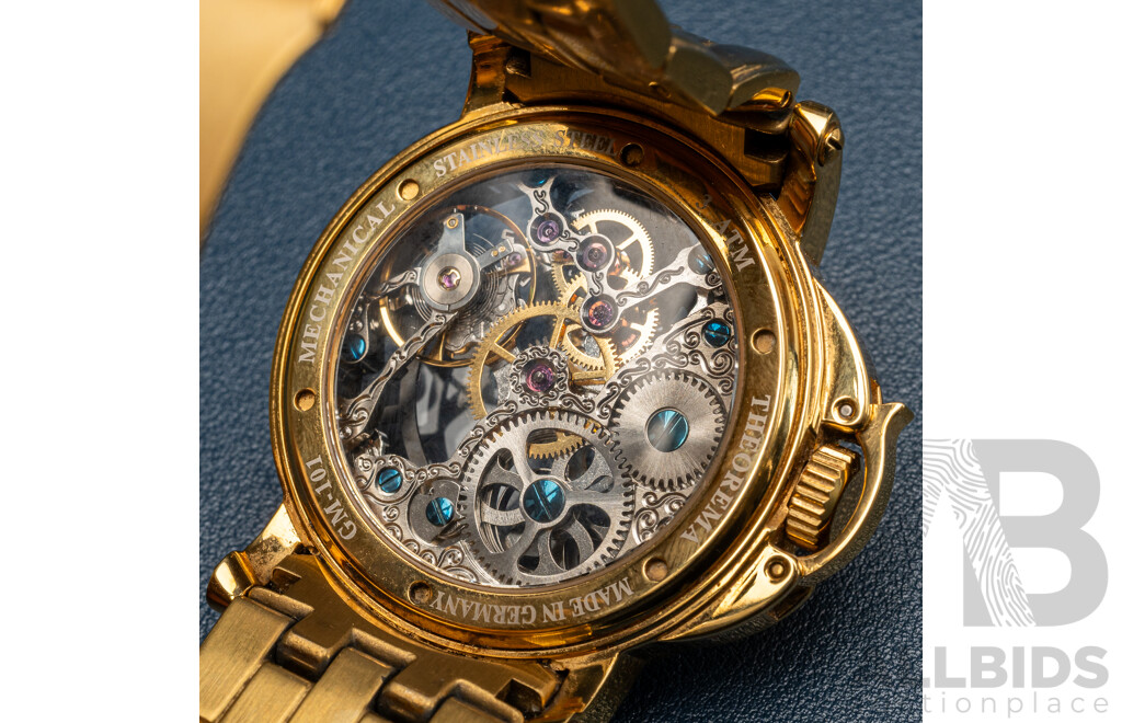 Theorema GM-101 Gold Tone Skeleton Watch, Made in Germany, 47mm