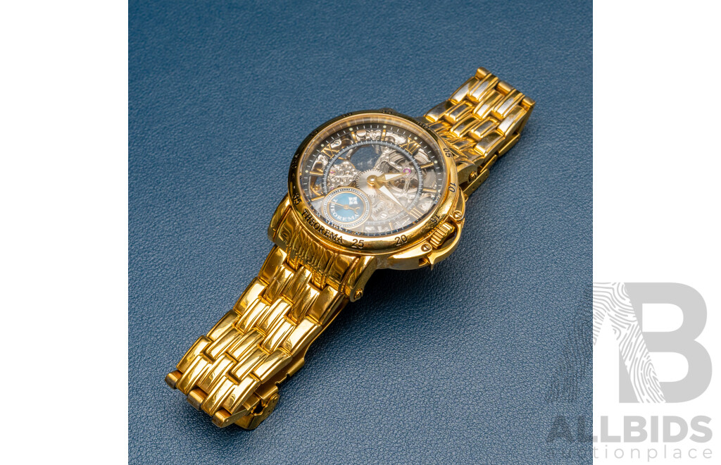 Theorema GM-101 Gold Tone Skeleton Watch, Made in Germany, 47mm