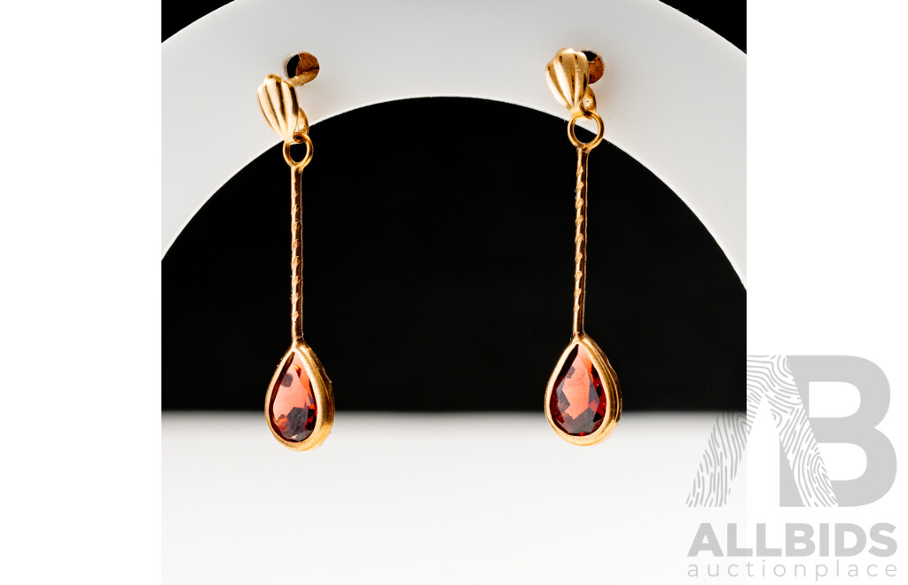 9ct Rose Gold Garnet Drop Stud Earrings, 25mm, 0.73 Grams