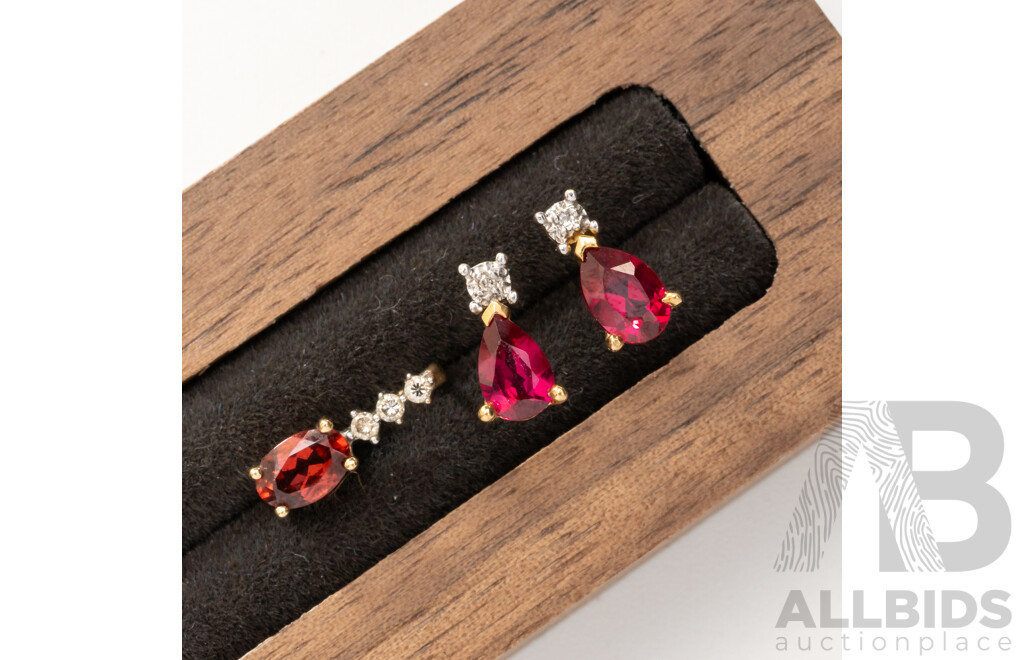 9ct Diamond & Created Ruby Stud Earrings and Tourmaline Pendant, TDW 0.05ct, 1.26 Grams