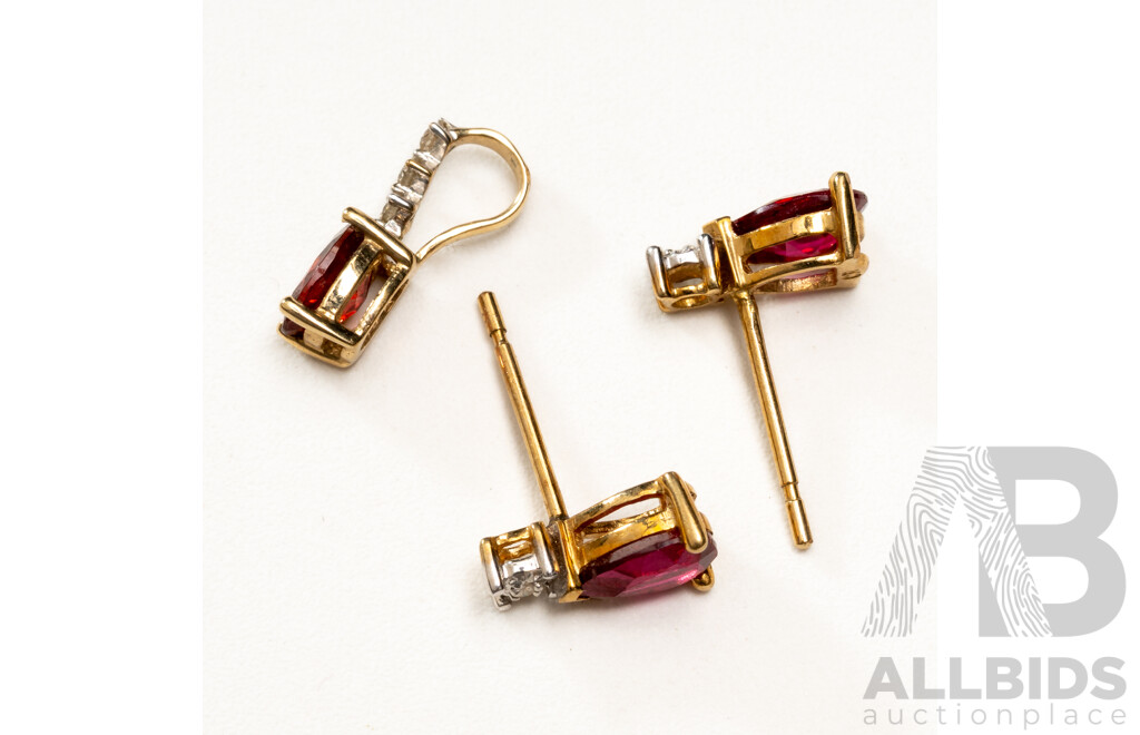 9ct Diamond & Created Ruby Stud Earrings and Tourmaline Pendant, TDW 0.05ct, 1.26 Grams