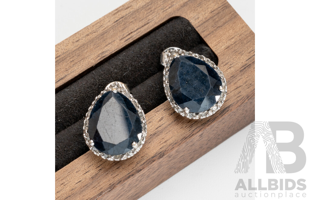 Sterling Silver Large Natural Blue Sapphire and Diamond Set Stud Earrings, TDW 0.07ct, 4.05 Grams