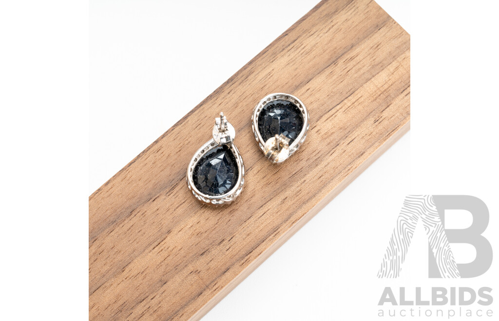 Sterling Silver Large Natural Blue Sapphire and Diamond Set Stud Earrings, TDW 0.07ct, 4.05 Grams