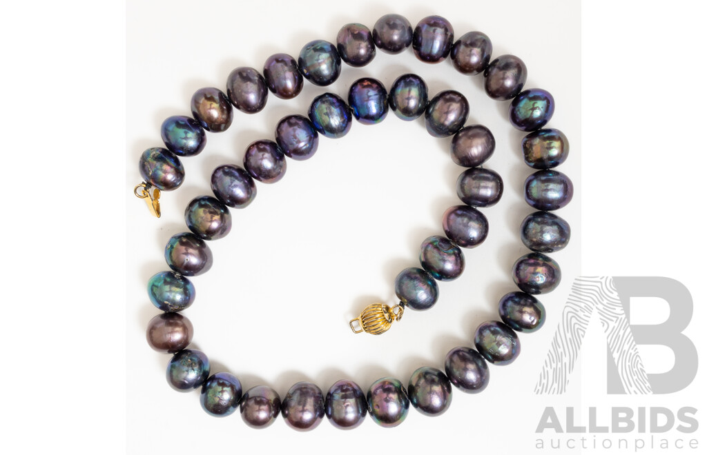 Aubergine Coloured Cultured Baroque Pearl Necklace, 42cm, with Gold Tone Pearl Clasp