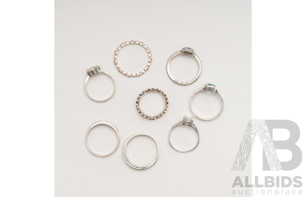 Collection of (8) Sterling Silver Rings Including Pandora, with Topaz, Peridot & Cz Gemstones, Sizes I-R, 20.96 Grams
