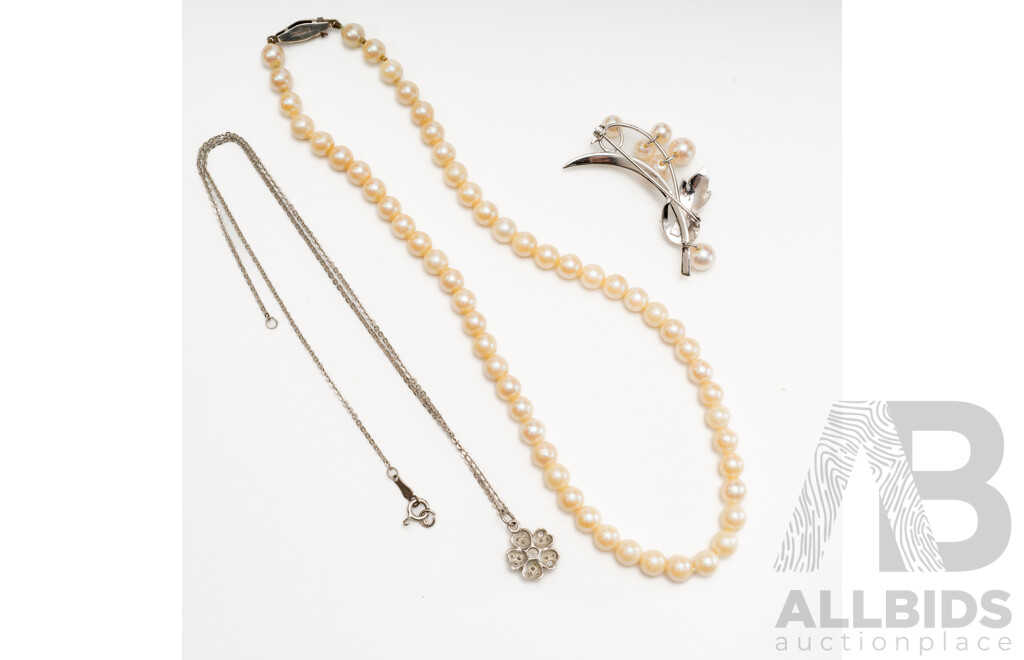 Vintage Sterling Silver Collection, with Cultured Pearl Necklace, Brooch & White Topaz Pendant
