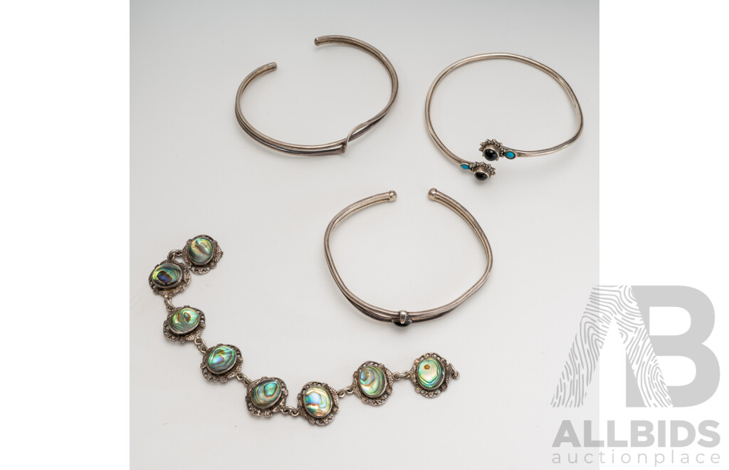 Collection of (3) Sterling Silver Cuff Bangles & Vintage Paua Shell Bracelet (repair), 49.31 Grams