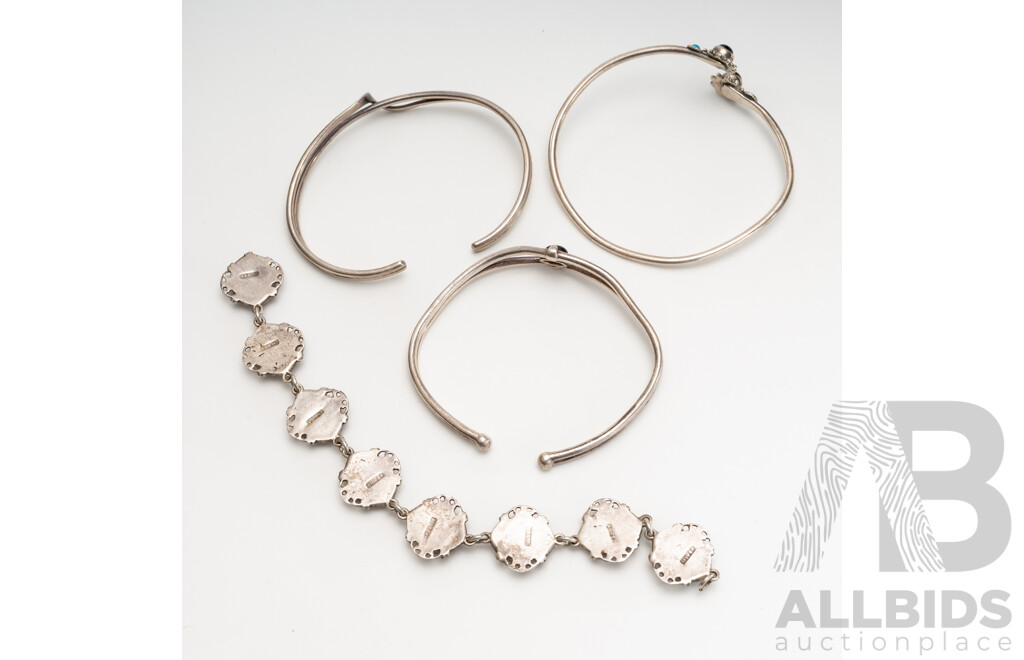 Collection of (3) Sterling Silver Cuff Bangles & Vintage Paua Shell Bracelet (repair), 49.31 Grams