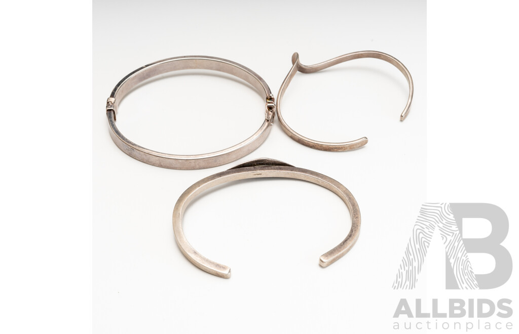 Sterling Silver Vintage Hinged Bangle & (2) Sterling Silver Handmade Cuff Bangles, 37.89 Grams