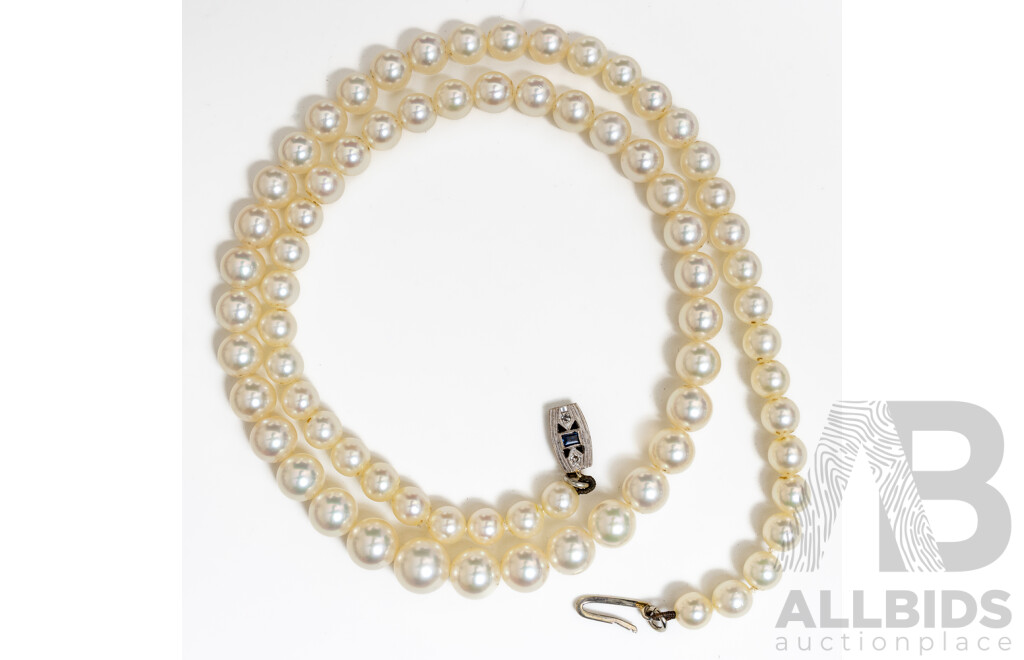 9ct Tapered Cultured Pearl Strand with Diamond & Sapphire Set Pearl Clasp, 47cm, Boxed