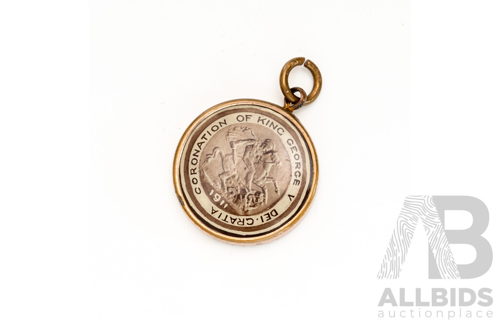 1911 Coronation of King George V Dei Cratia Rolled Gold Pendant with Portrait on Reverse Side, 20mm, Rare