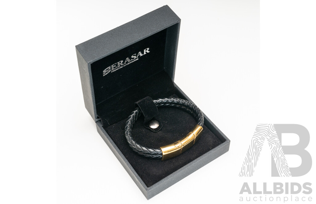 Serasar Gold Tone Weaved Black Leather Mens Bracelet, 62mm Diameter, as New in Box