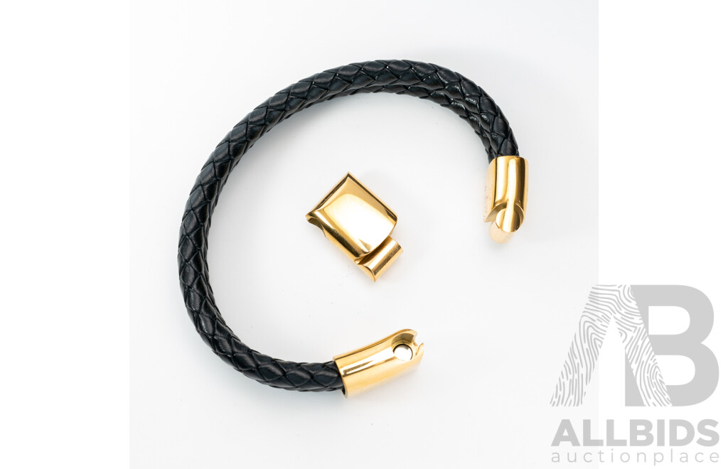 Serasar Gold Tone Weaved Black Leather Mens Bracelet, 62mm Diameter, as New in Box