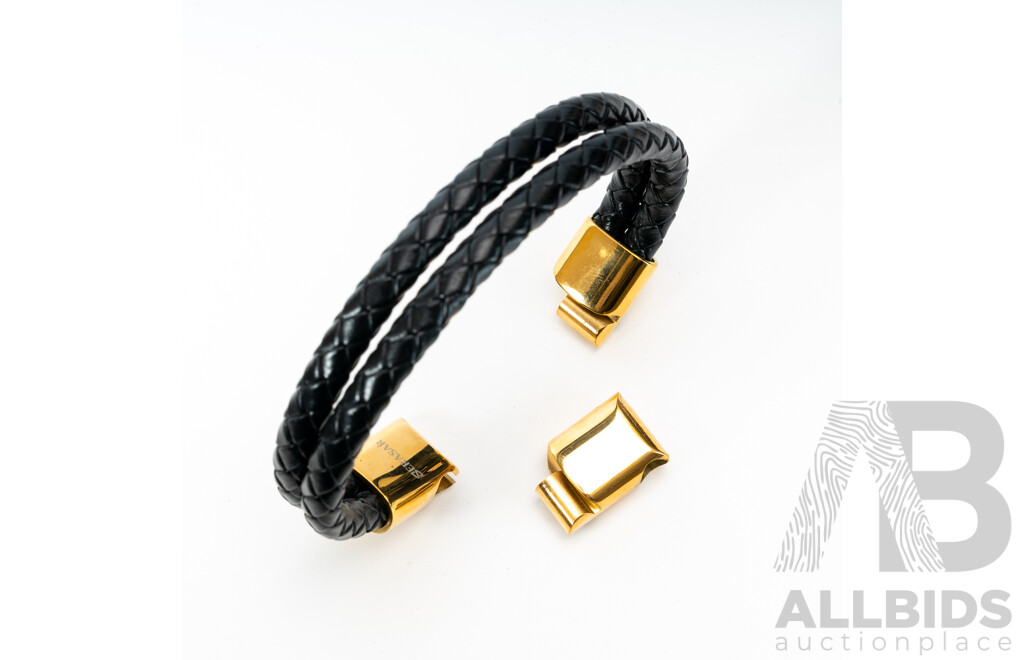Serasar Gold Tone Weaved Black Leather Mens Bracelet, 62mm Diameter, as New in Box