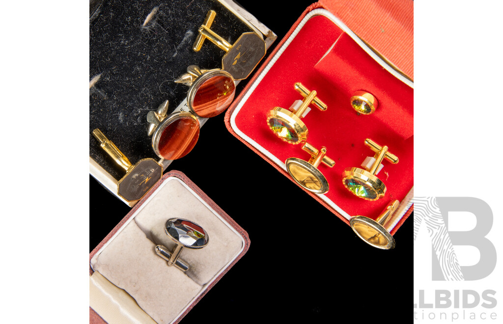Collection of Vintage Cufflinks (4) Pairs with Tie Pin Including Tigers Eye