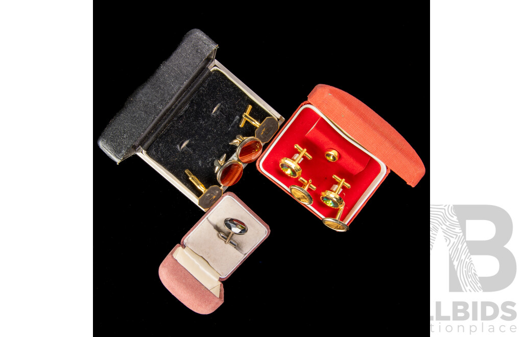 Collection of Vintage Cufflinks (4) Pairs with Tie Pin Including Tigers Eye