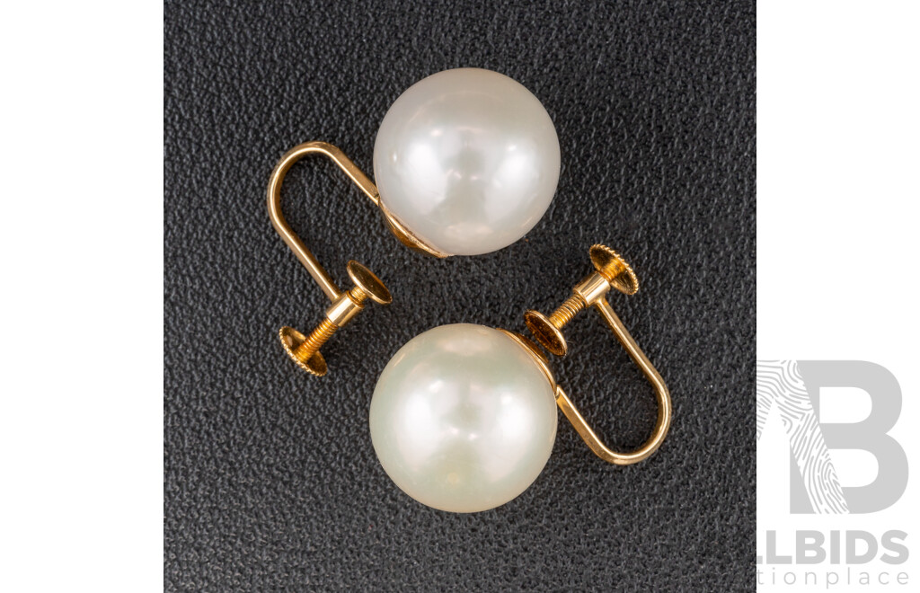 18ct South Sea Pearl Screw Back Clip on Studs, 12.5mm, 6.68 Grams