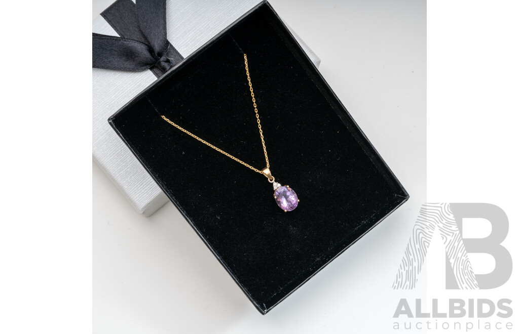 10ct Amethyst & Cubic Zirconia Pendant, 18mm, on 45cm Gold Tone Sterling Silver Chain, 10K 1.13gm/925 1.11gm - as New