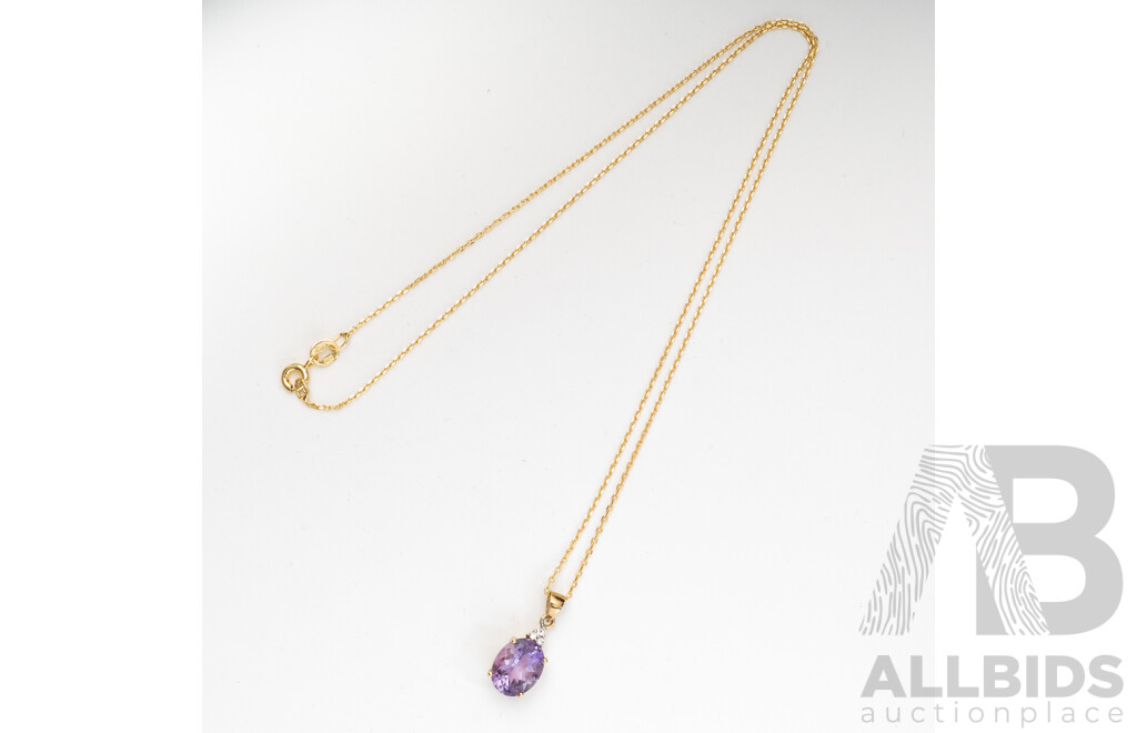 10ct Amethyst & Cubic Zirconia Pendant, 18mm, on 45cm Gold Tone Sterling Silver Chain, 10K 1.13gm/925 1.11gm - as New