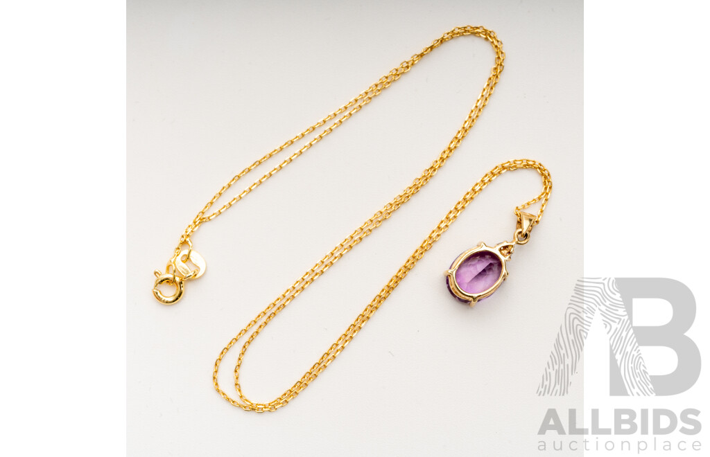 10ct Amethyst & Cubic Zirconia Pendant, 18mm, on 45cm Gold Tone Sterling Silver Chain, 10K 1.13gm/925 1.11gm - as New