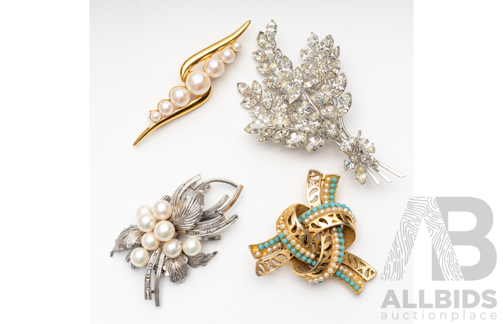 Collection of (4) Vintage Brooches with Cultured Pearls and Paste Stones