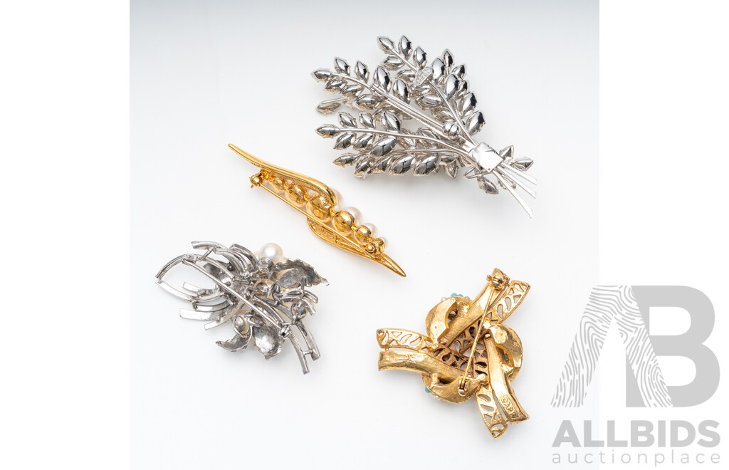 Collection of (4) Vintage Brooches with Cultured Pearls and Paste Stones