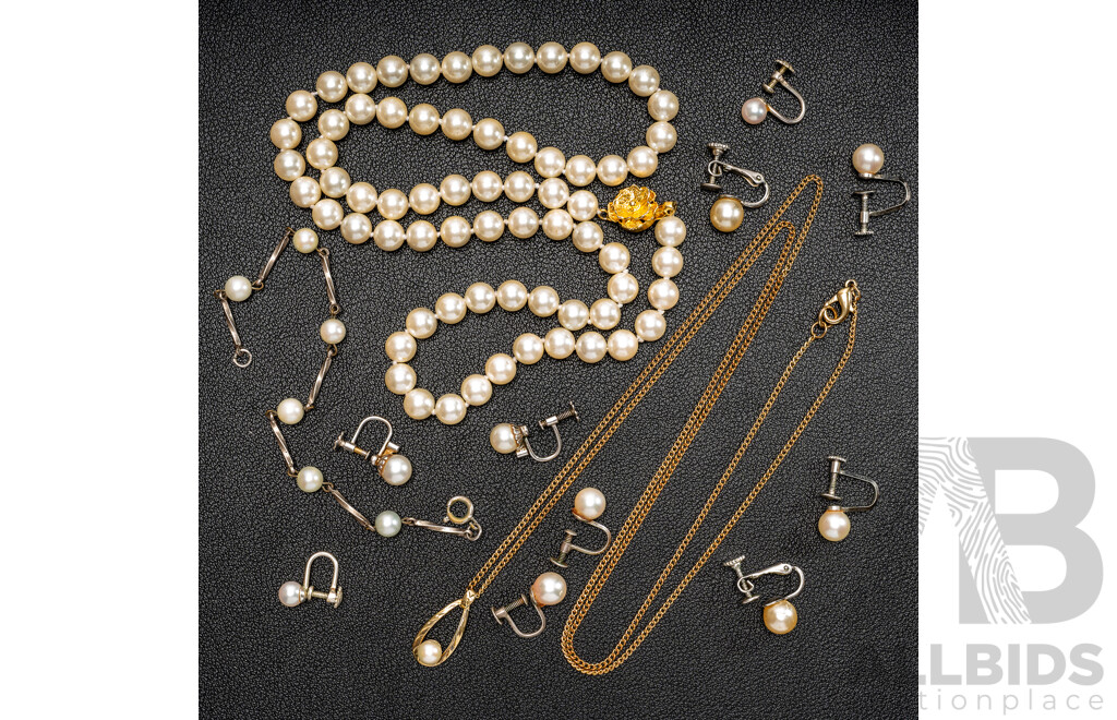 Vintage Cultured Pearl Sterling Silver Clip on Earrings, (5 Pairs), Bracelet, Pendant & Glass Pearl Necklace