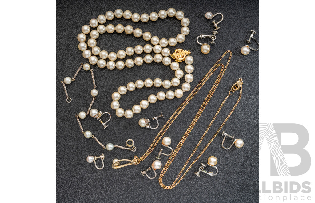 Vintage Cultured Pearl Sterling Silver Clip on Earrings, (5 Pairs), Bracelet, Pendant & Glass Pearl Necklace