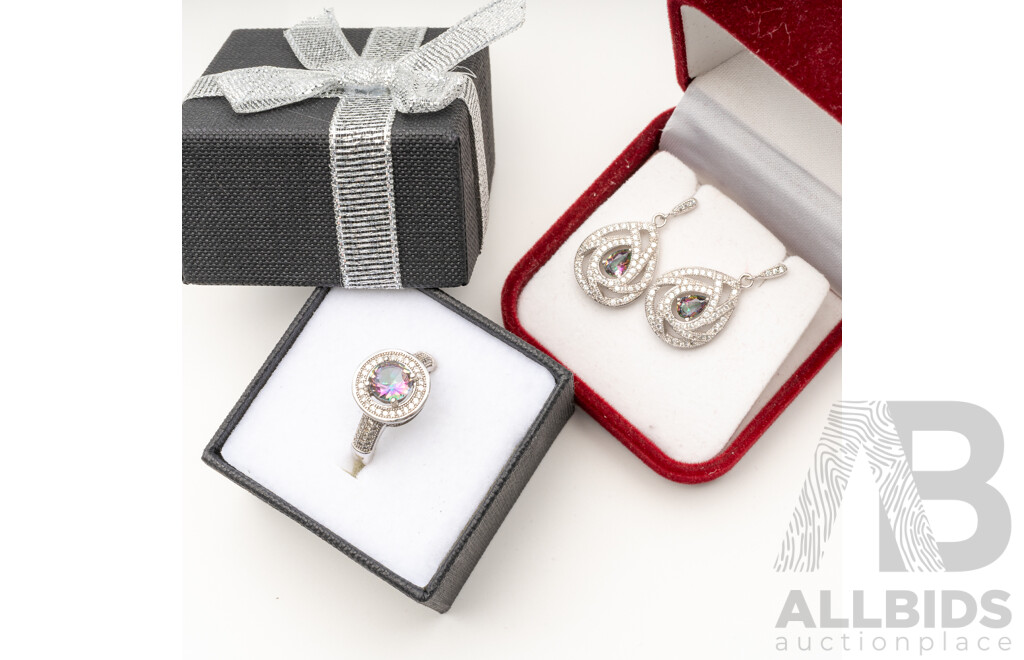 Sterling Silver Mystic Topaz/cz Ring, Size P & Complimenting Drop Stud Earrings, 25mm, as New, 9.58 Grams