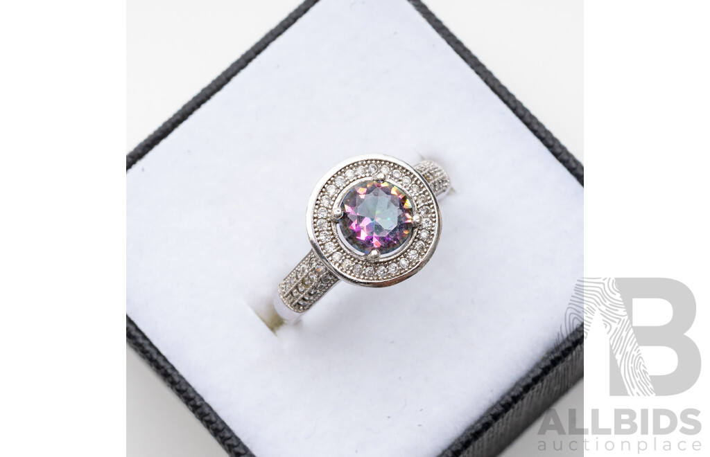 Sterling Silver Mystic Topaz/cz Ring, Size P & Complimenting Drop Stud Earrings, 25mm, as New, 9.58 Grams