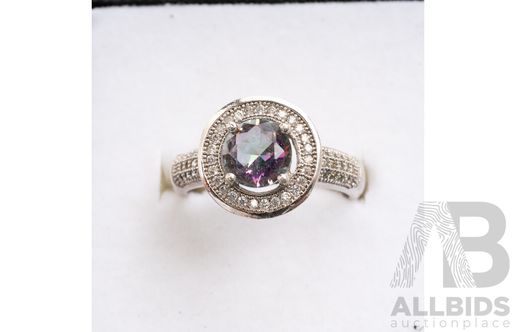 Sterling Silver Mystic Topaz/cz Ring, Size P & Complimenting Drop Stud Earrings, 25mm, as New, 9.58 Grams
