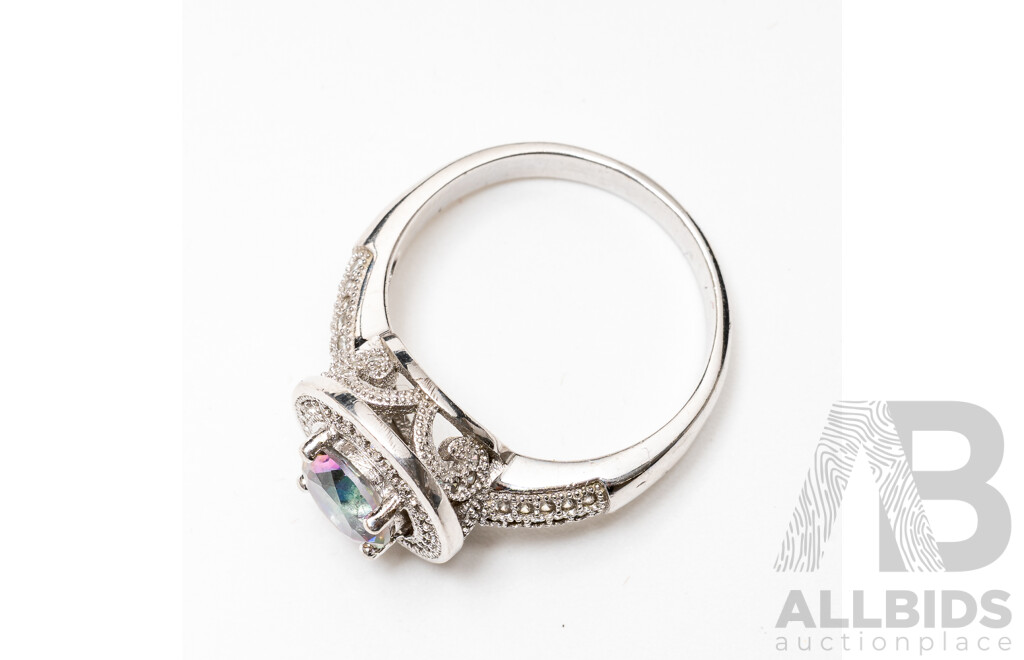 Sterling Silver Mystic Topaz/cz Ring, Size P & Complimenting Drop Stud Earrings, 25mm, as New, 9.58 Grams