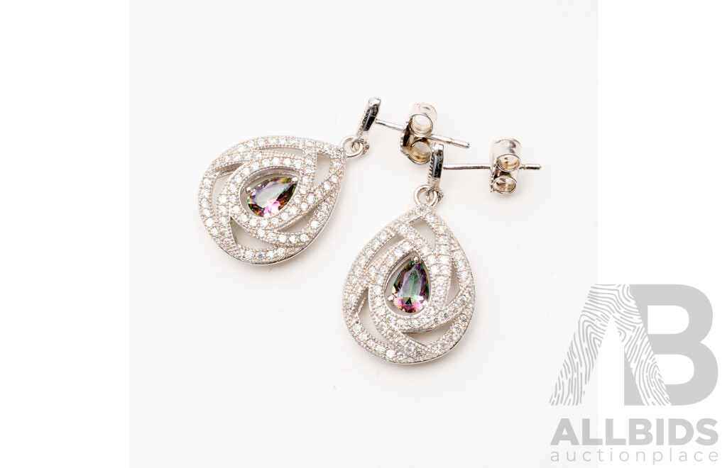 Sterling Silver Mystic Topaz/cz Ring, Size P & Complimenting Drop Stud Earrings, 25mm, as New, 9.58 Grams