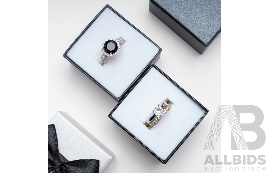 NEW - Sterling Silver Cubic Zirconia, Travel Ring, Size L & Sterling Silver Black & White Cz Halo Ring, Size N, 7.8 Grams