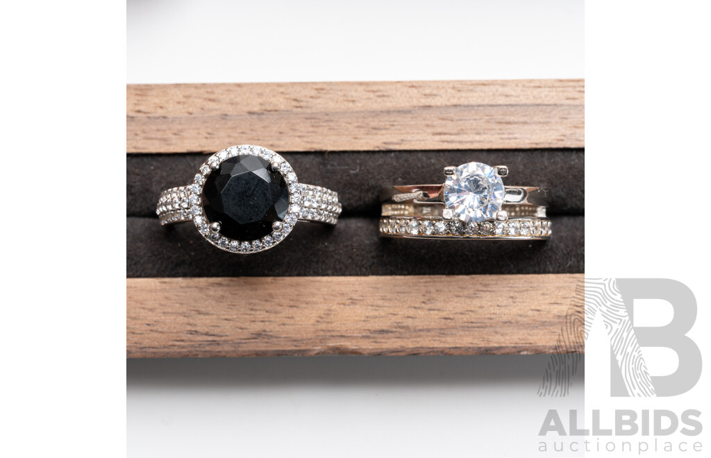 NEW - Sterling Silver Cubic Zirconia, Travel Ring, Size L & Sterling Silver Black & White Cz Halo Ring, Size N, 7.8 Grams