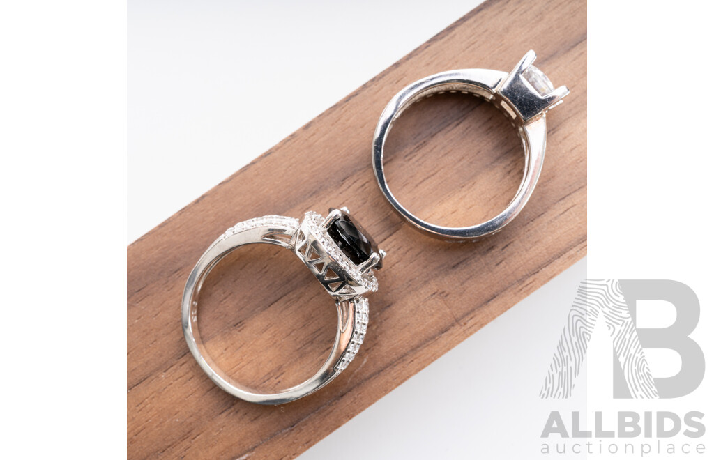 NEW - Sterling Silver Cubic Zirconia, Travel Ring, Size L & Sterling Silver Black & White Cz Halo Ring, Size N, 7.8 Grams
