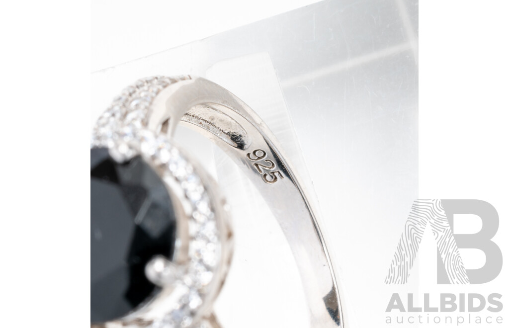 NEW - Sterling Silver Cubic Zirconia, Travel Ring, Size L & Sterling Silver Black & White Cz Halo Ring, Size N, 7.8 Grams